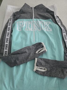 Victoria's Secret VS  PINK Half-Zip Pullover Aqua Heather Gray Womens XS